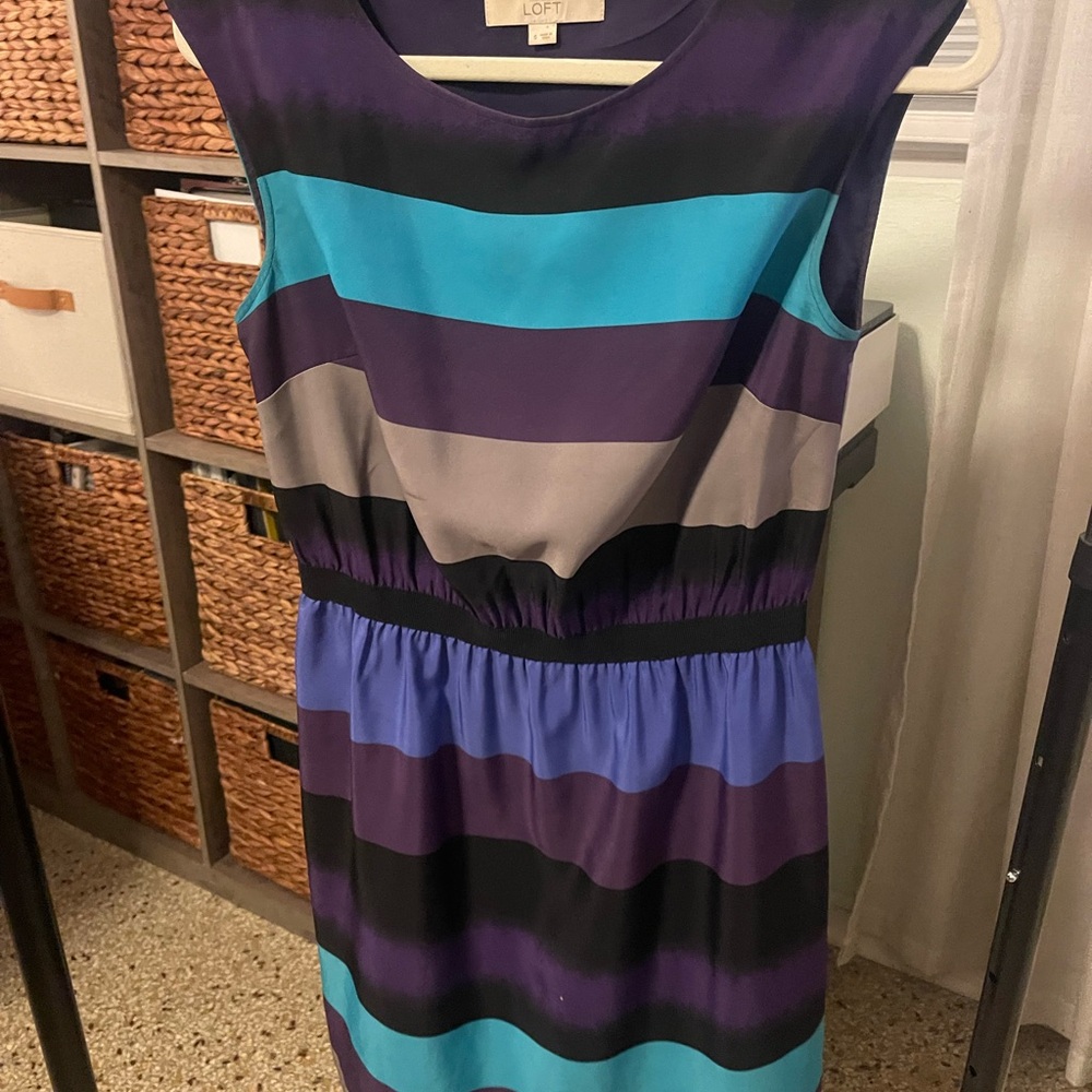 LOFT Striped Midi Dress - Blue, Purple, Black, Gray